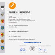 Ehrenurkunde der Handwerkskammer Ulm anlässlich des 40-jährigen Betriebsbestehens, 2005